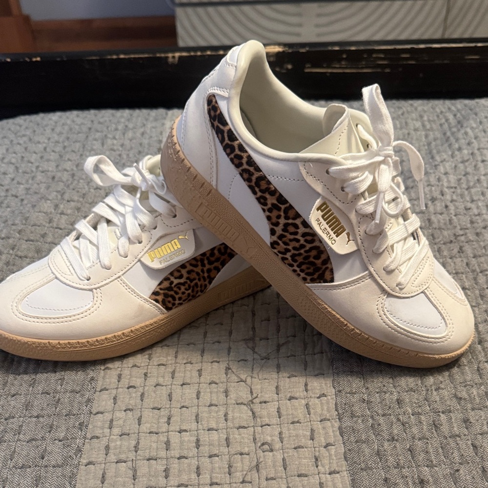 Puma Women's White and Brown Sneakers with Leopard Accents